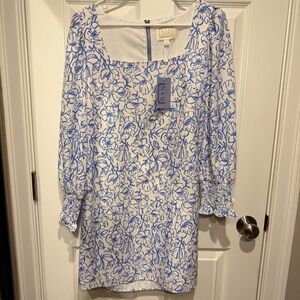 Sail to Sable Blue and White Floral Long Sleeve Dress NWT